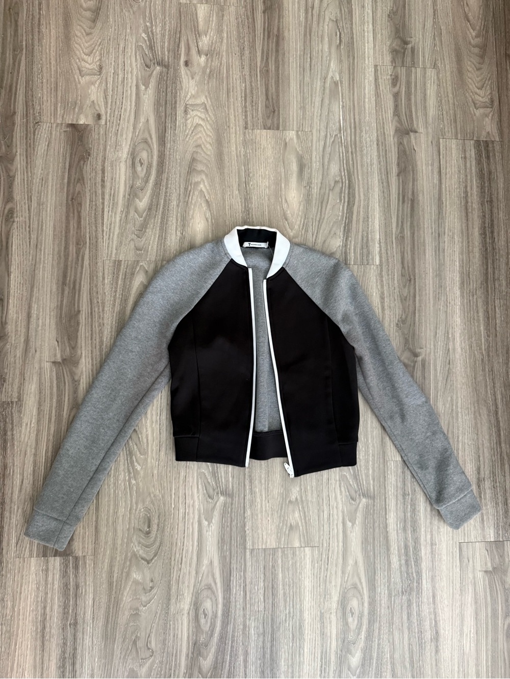 T by Alexander Wang Black Gray Cropped Bomber Jacket Zip Up Sweatshirt S